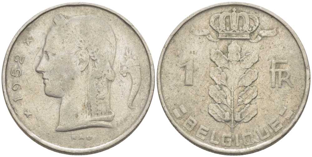 БЕЛЬГИЯ 1 ФРАНК 1952 BELGIQUE, БОДУЭН I (1951-1993) KM 142.1 медно-никель 119-437