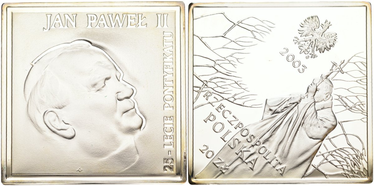 Польша 20 злотых 2003 MW, 25 лет Пантификата, Иоанн Павел II, размер 40Х40 мм., в пластике KM 471 серебро PROOF 1072-7-33