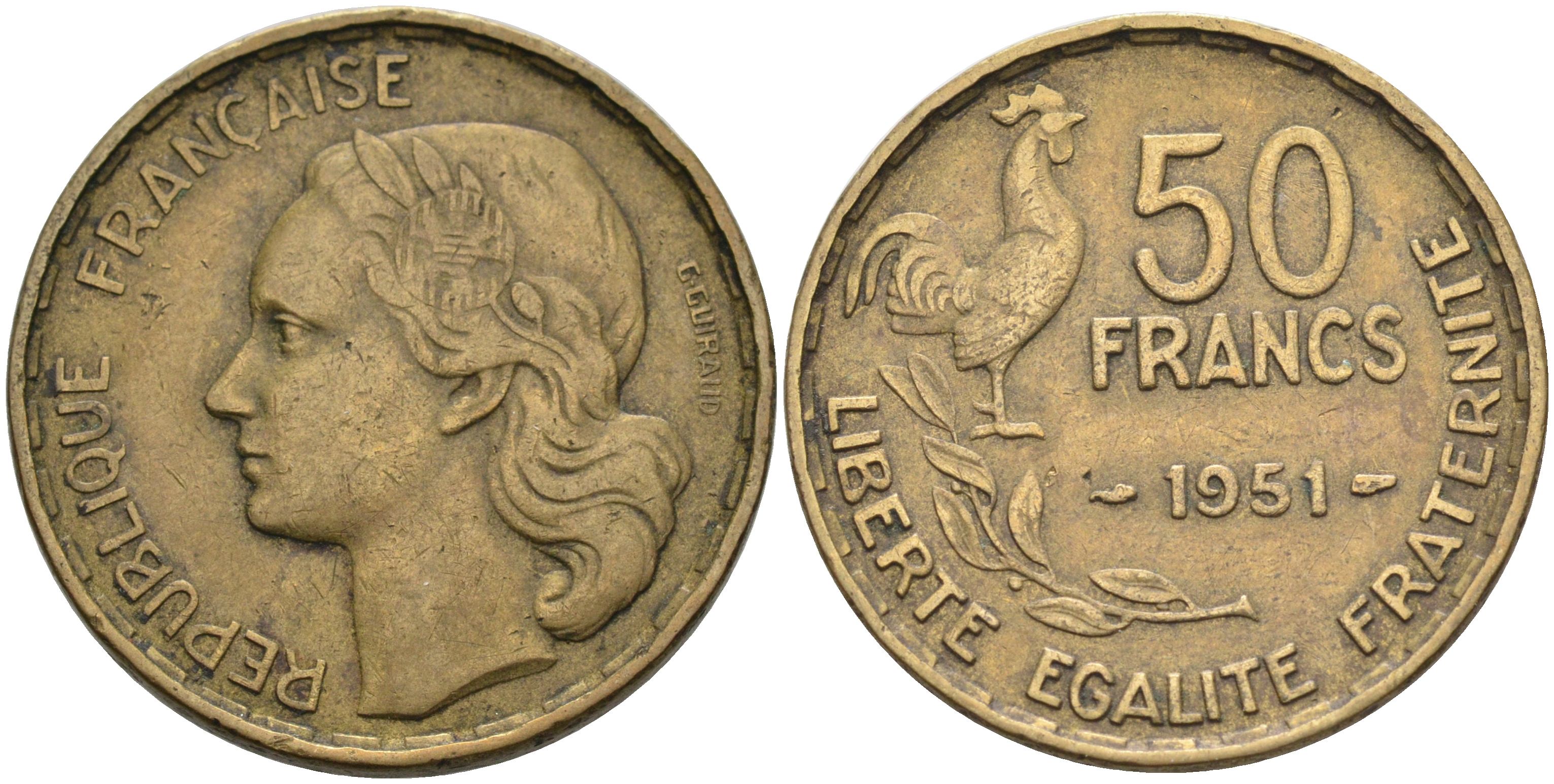 ФРАНЦИЯ 50 ФРАНКОВ 1951 ПЕТУХ KM 918.1, LE FRANC 425.5 алюминиевая бронза 4590-544