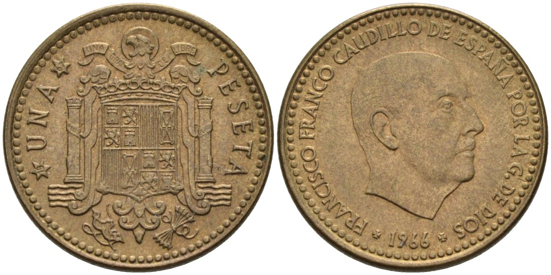 Испания 1 песета 1966 (67) Франсиско Франко (1939-1975) KM 796 алюминиевая бронза 4571-1133
