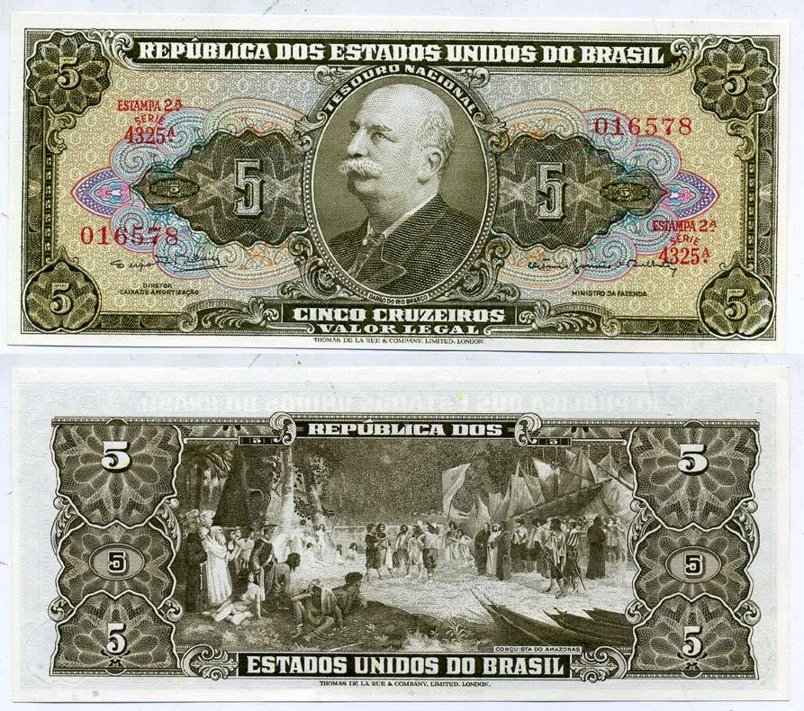 БРАЗИЛИЯ 5 КРУЗЕЙРО 1964 СЕРИЯ 4325А, БАРАО ДО РИО БРАНКО, ESTAMPA 2A Pick 176d бумага UNC (ПРЕСС) 7204-5-1