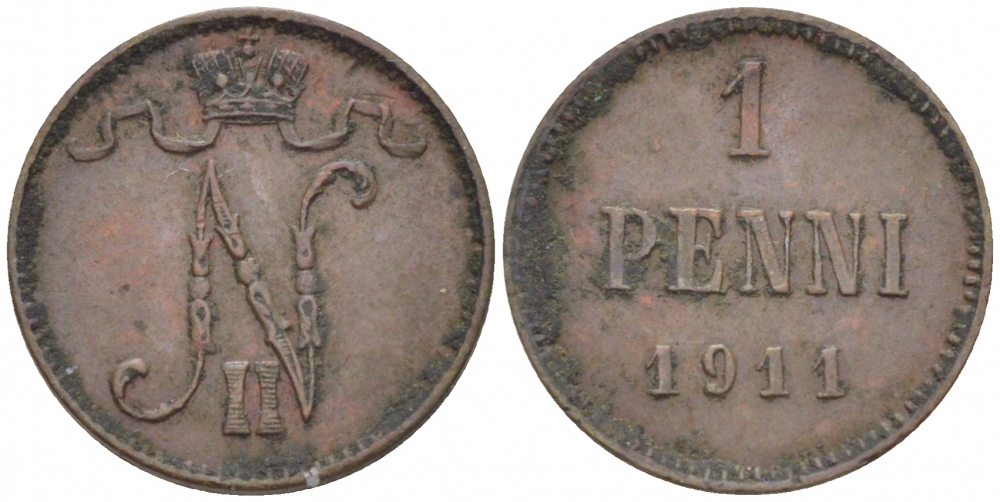 Россия для Финляндии 1 пенни 1911 Николай II (1894-1917) KM 13, Биткин 471 медь 4396-1345