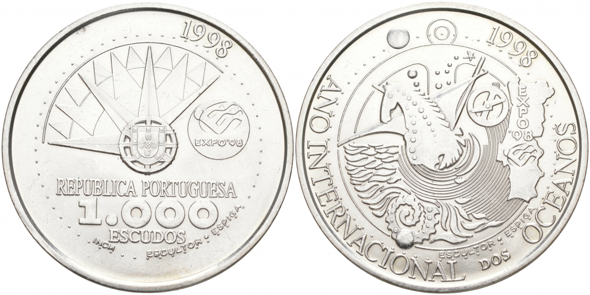 Португалия 1000 эскудо 1998 международный год океанов, EXPO 98 KM 707 серебро UNC 1081-6-62