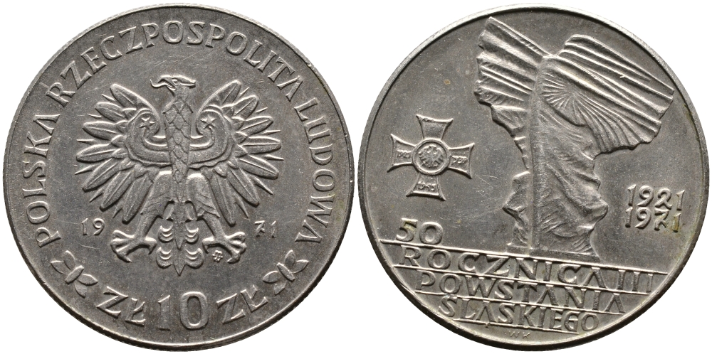 Польша 10 злотых 1971 MW, 50 лет битве за Верхнюю Силезию KM 64 медно-никель BUNC 441-725