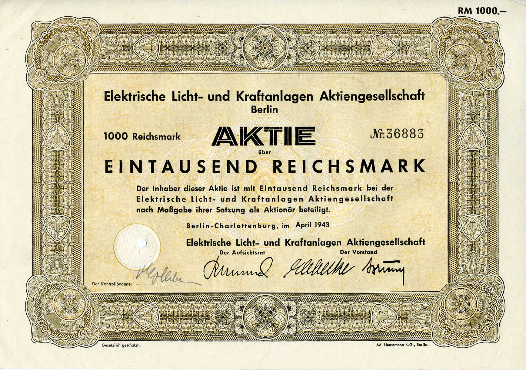 Германия 1000 рейхсмарок 1943 АО Электрические осветительные и энергетические установки, Берлин, акция   бумага  8804-80-1