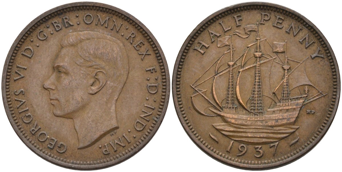 Великобритания 1/2 пенни 1937 Георг VI (1936-1952) KM 844, Spink 4115 бронза 4116-1241