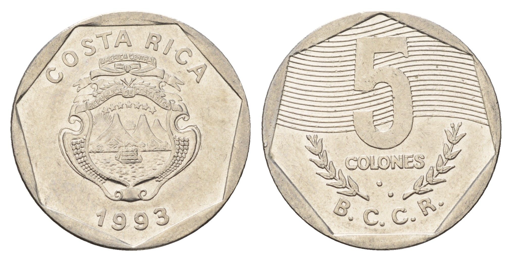 Коста-Рика 5 колонов 1993 год-тип KM 214.3 сталь плакированная никелем 183-944