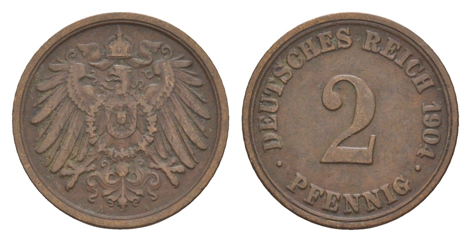 Германия 2 пфеннига 1904 A, Вильгельм II (1888-1918) KM 16, J. 11 бронза 4659-147