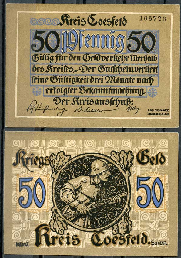 Германия, Косфельд 50 пфеннигов 1918 нотгельд, 6 цифр в номере Tieste 1185.05.02 бумага UNC (пресс) 444-81-3-1