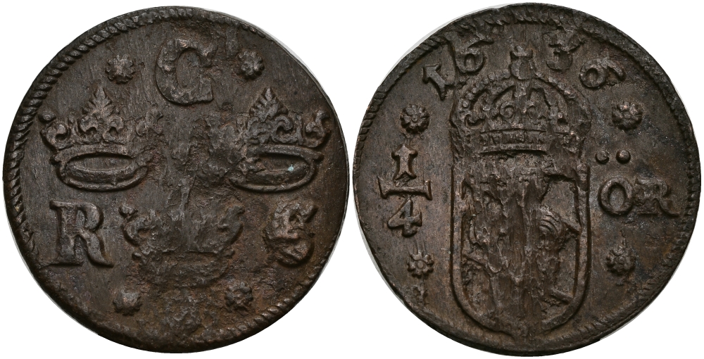 Швеция 1/4 эре 1636 Кристина (1632-1654) KM 152.2 медь 540-616