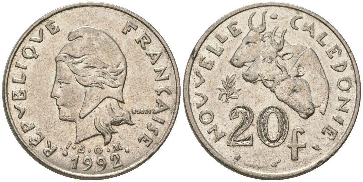 Французская Новая Каледония 20 франков 1992 три быка, (IEOM) KM 12, Schoen 14, Lec 115 никель 4131-332