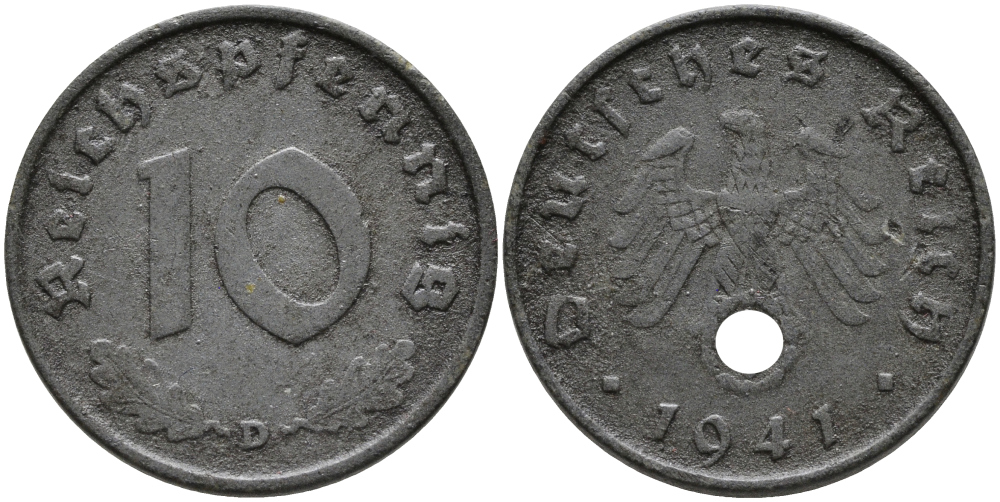 ГЕРМАНИЯ 10 РЕЙХСПФЕННИГОВ 1941 D KM 101, J.371 цинк 95-746