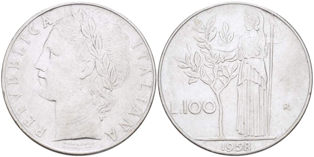 ИТАЛИЯ 100 ЛИР 1958 R, АФИНА KM 96.1 нержавеющая сталь 4526-124