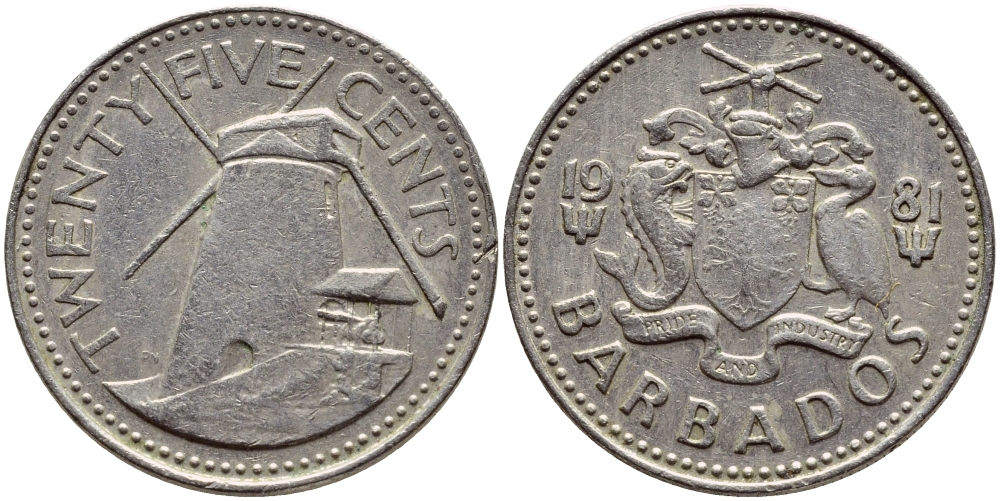 Барбадос 25 центов 1981 ветряная мельница Моргана Льюиса KM 13 медно-никель 4398-415