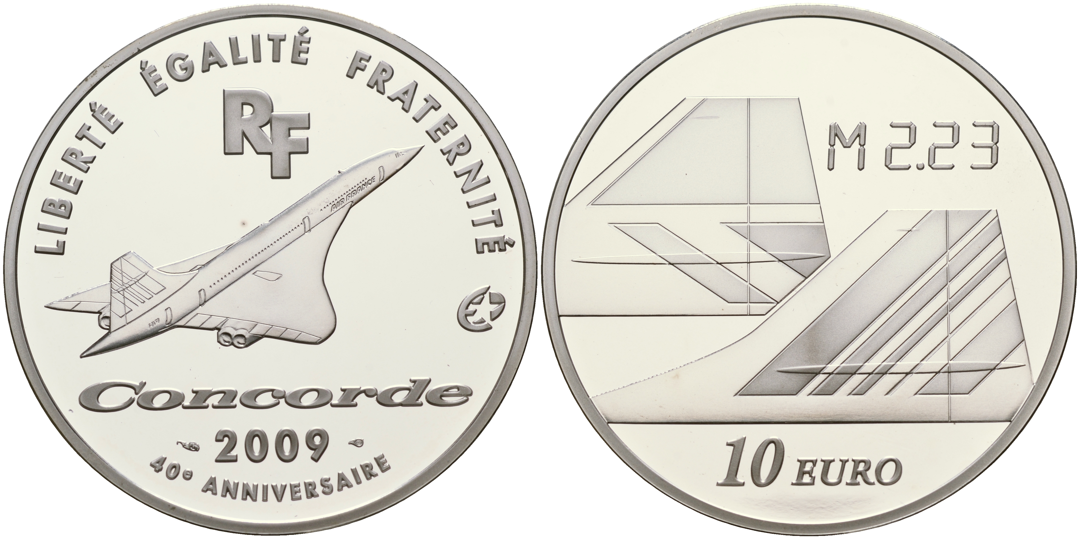 Франция 10 евро 2009 40 лет самолетам Конкорд, превышение скорости звука в 2,23 раза KM NEW серебро PROOF 11-165-24