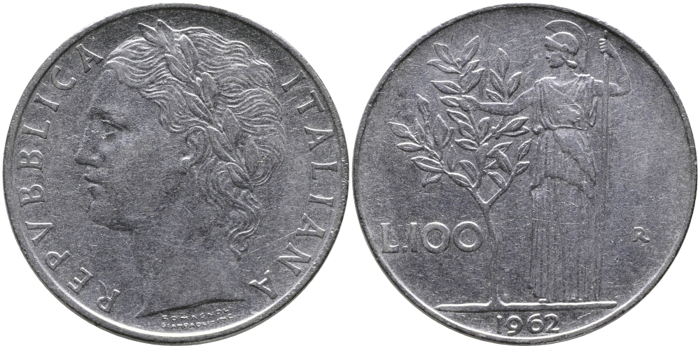 ИТАЛИЯ 100 ЛИР 1962 R, АФИНА KM 96.1 нержавеющая сталь 97-543
