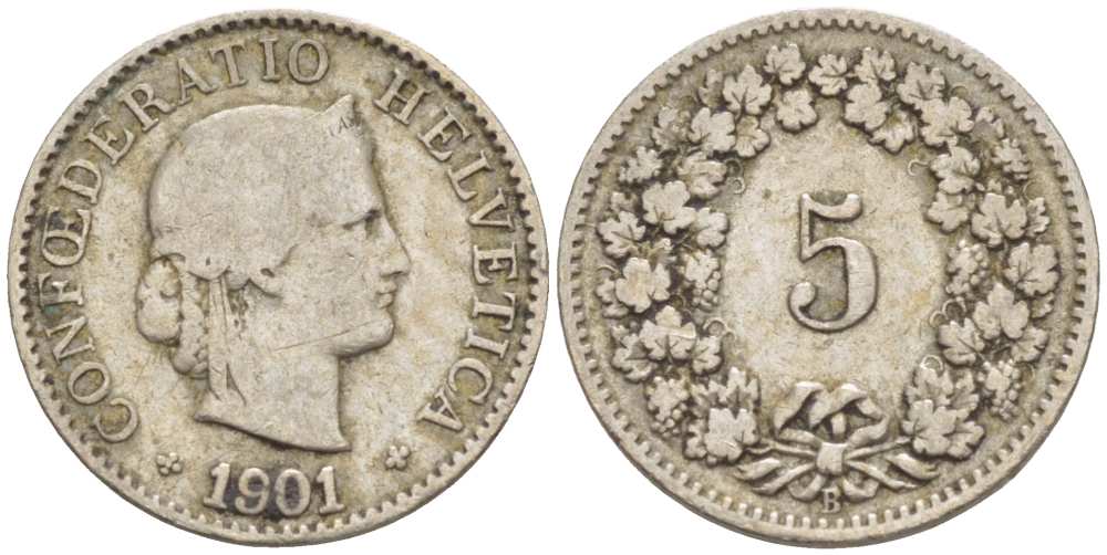 ШВЕЙЦАРИЯ 5 РАППЕНОВ 1901 В KM 26 медно-никель 3955-1122