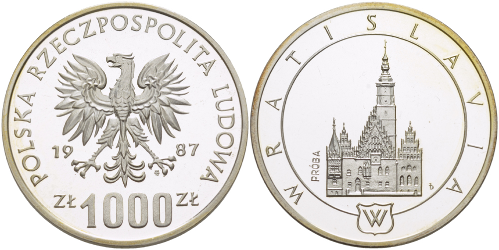 Польша 1000 злотых 1987 MW, Вроцлав, PROBA, проба, тираж 24000 экз., KM Pr561, Parchimowicz P.491a серебро PROOF 1085-2-24