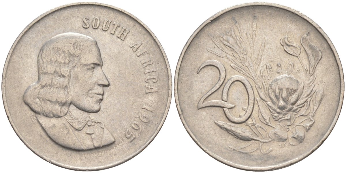 ЮАР 20 центов 1965 SOUTH AFRICA, Ян ван Рибек (1619-1677), цветок ПРОТЕЯ KM 69.1 никель 219-1251