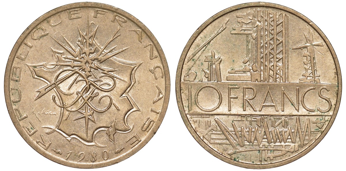 Франция 10 франков 1980 тип Матье KM 940, Le Franc 365.15-16 никель латунь 51-4111