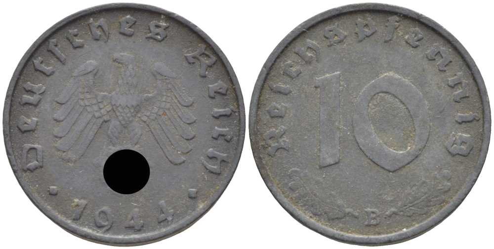 ГЕРМАНИЯ 10 РЕЙХСПФЕННИГОВ 1944 B KM 101, J. 371 цинк 4401-521