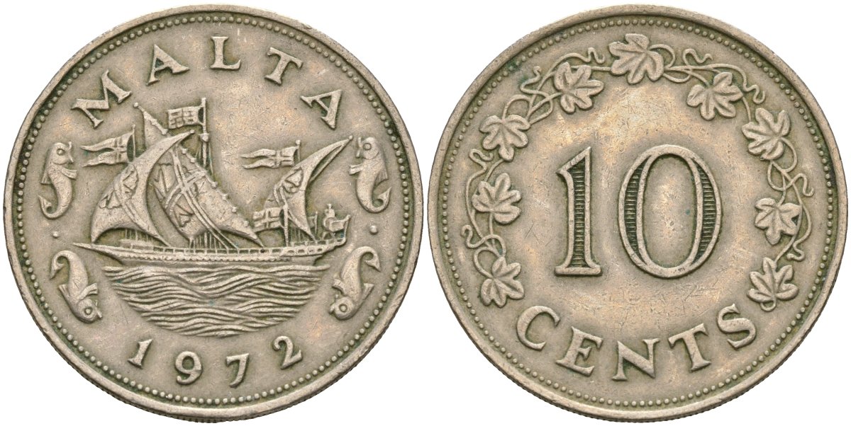 Мальта 10 центов 1972 баржа Великого магистра KM 11 медно-никель 4137-831