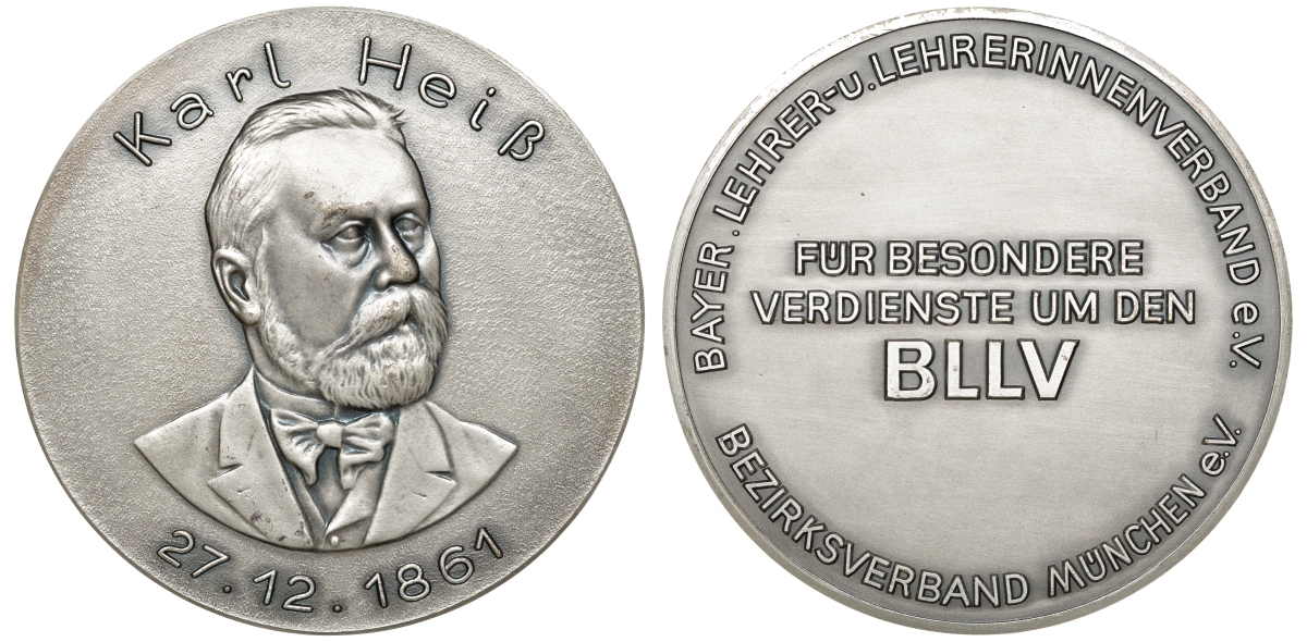 ФРГ медаль ND Мюнхен, Бавария, за особые заслуги учителя,  от ассоциации учителей BLLV Мюнхена, диаметр 75 мм., портрет Карла Гейзе 27.12.1861  белый металл    8-1-07-10