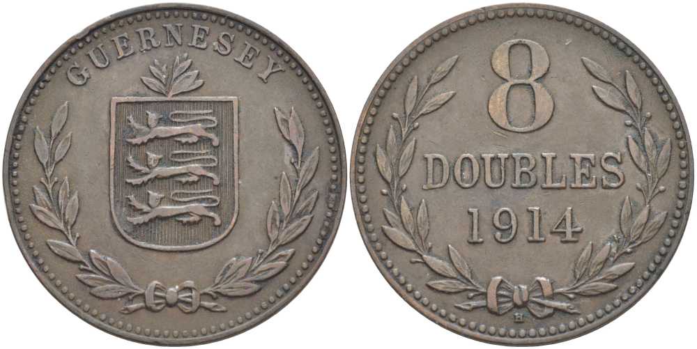 Гернси 8 даблов (дублей) 1914 KM 14 бронза 3996-536