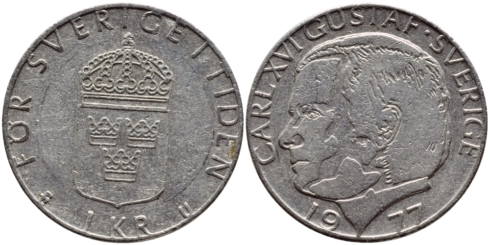 Швеция 1 крона 1977 Карл XVI Густав (1973- ) KM 852 медь плакированная медно-никелем 4397-843