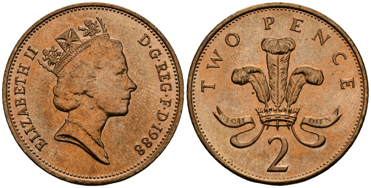 Великобритания 2 пенса 1988 Елизавета II (1952-2022) KM 936, Spink 4376 (C3) бронза 4607-824