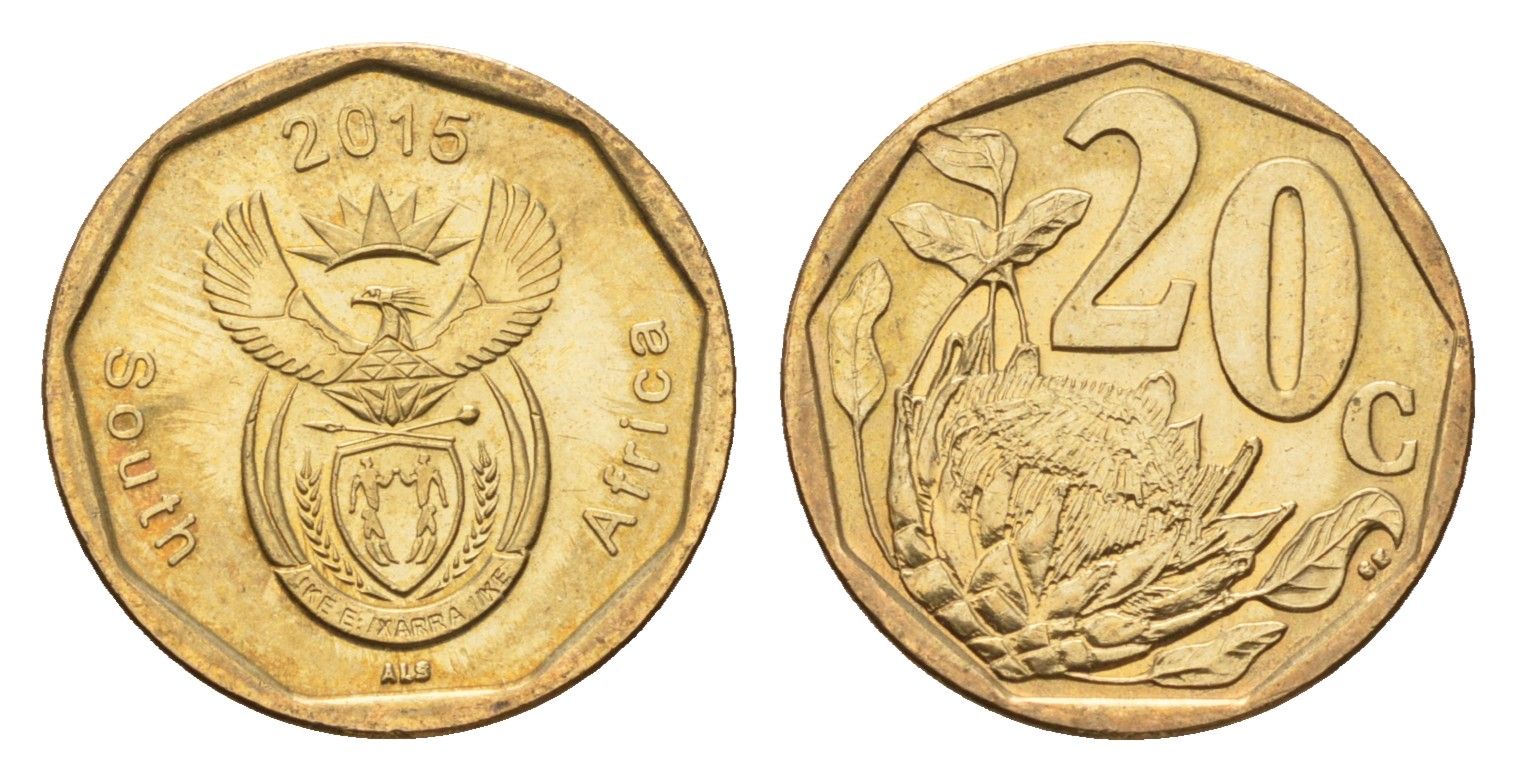 ЮАР 20 центов 2015 герб, цветок протея KM 270 сталь плакированная бронзой UNC 4687-657
