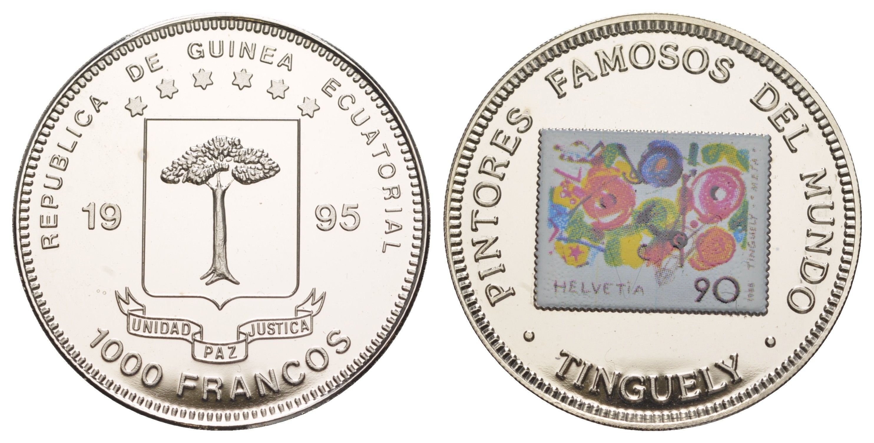 Экваториальная Гвинея 1000 франков 1995 Знаменитые марки - Жан Тэнгли KM 93 медно-никель PROOF 1079-10-51