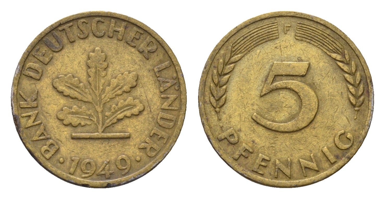 ФРГ 5 пфеннигов 1949 F KM 102, J. 377 сталь плакированная латунью 4685-363