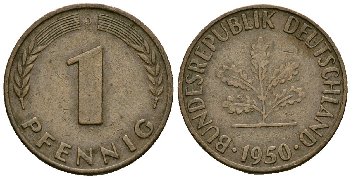 ФРГ 1 пфенниг 1950 D KM 105 сталь плакированная медью 4136-835