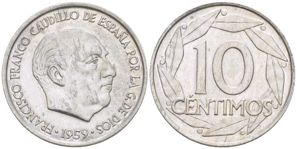 Испания 10 сентимо 1959 Франсиско Франко (1939-1975) KM 790 алюминий 4523-844