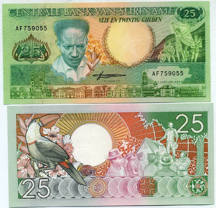 Суринам 25 гульденов 1988 Антон де Ком, тукан на ветке Pick 132 b бумага UNC (пресс) 447-74-2-3