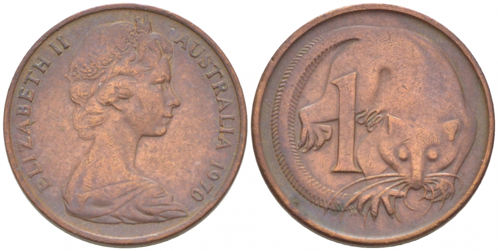 АВСТРАЛИЯ 1 ЦЕНТ 1970 ЕЛИЗАВЕТА II, МОЛОДОЙ ПОРТРЕТ, ОПОССУМ КМ 62 бронза 3955-452
