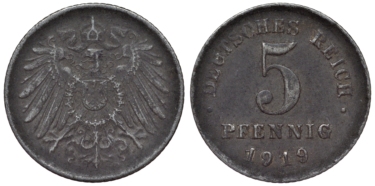 Германия 5 пфеннигов 1919 D KM 19, J. 297, Weege 5 железо 4118-1117