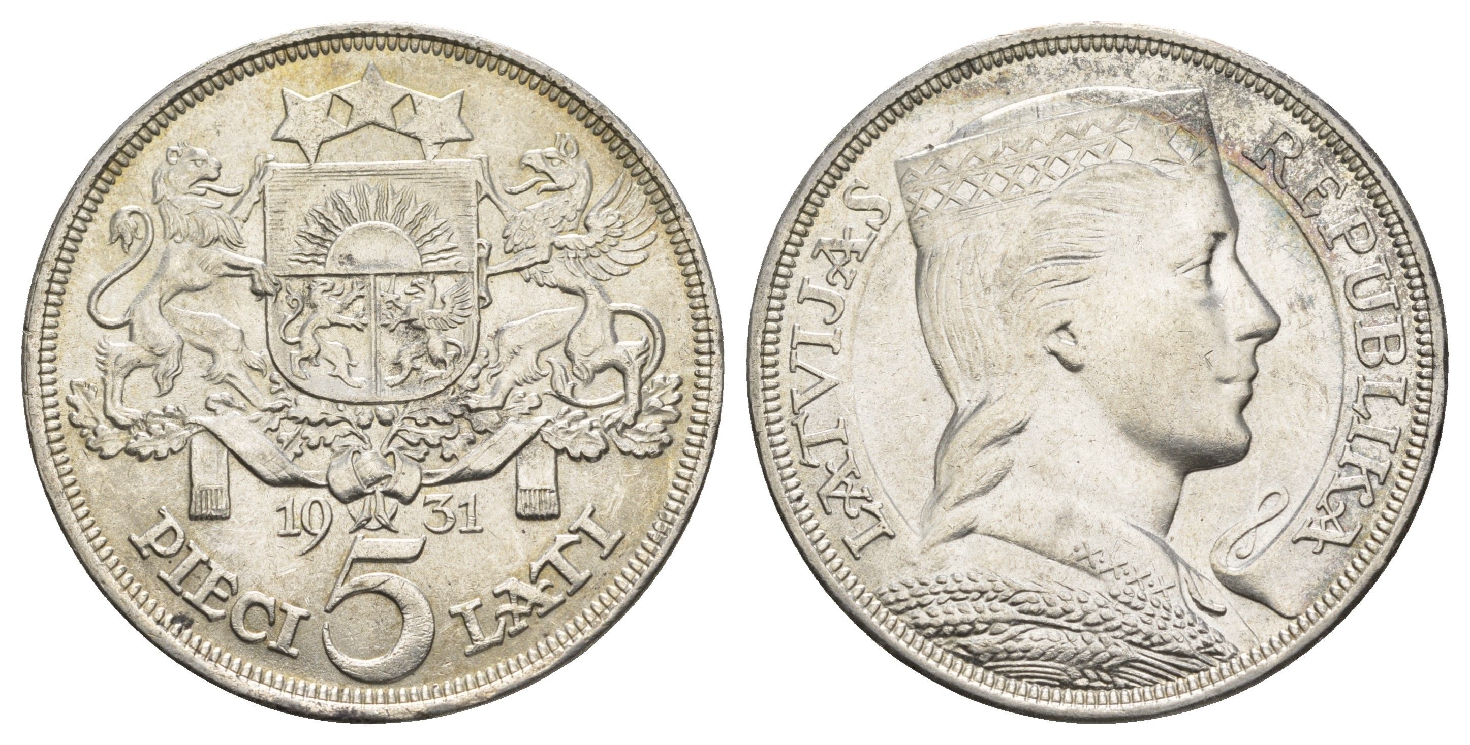 Латвия 5 латов 1931 девушка KM 9 серебро 443-1035