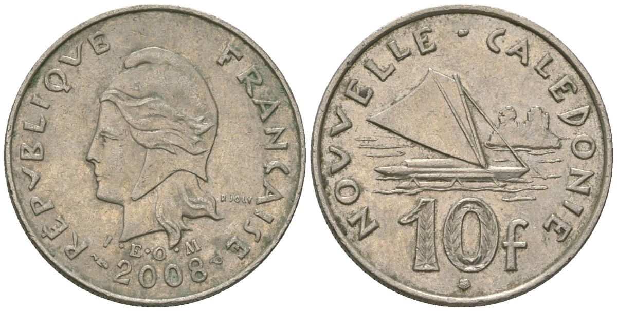 Французская Новая Каледония 10 франков 2008 рыбачья парусная лодка, (IEOM) KM 11a, Schoen 13a, Lec 99k медно-никель 60-726