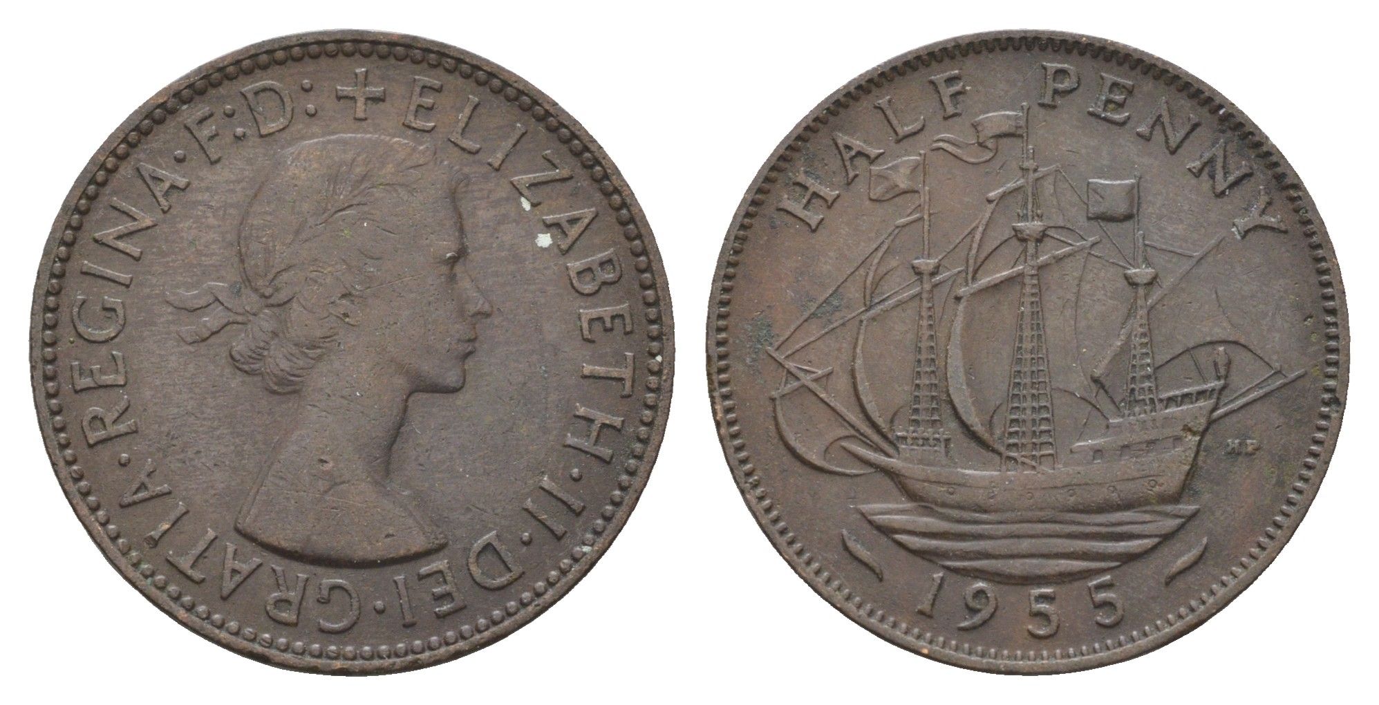 Великобритания 1/2 пенни 1955 Елизавета II (1952-2022) KM 896, Spink 4158 бронза 4662-1136