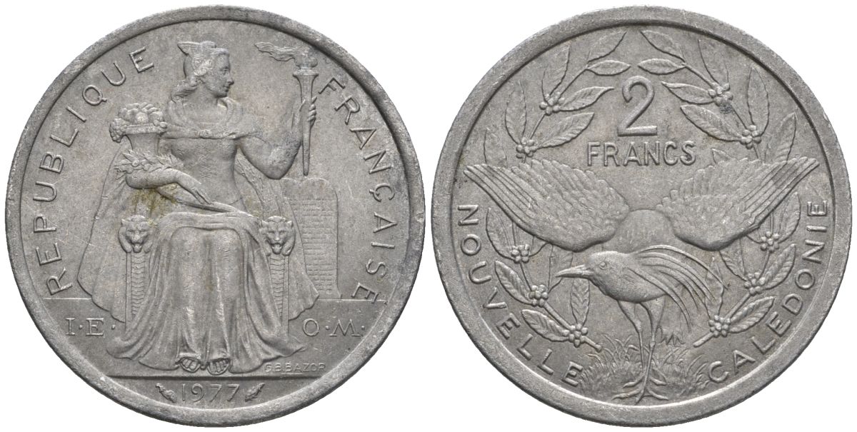 Французская Новая Каледония 2 франка 1977 птица кагу, (IEOM) KM 14, Schoen 11, Lec 58 алюминий    08-643