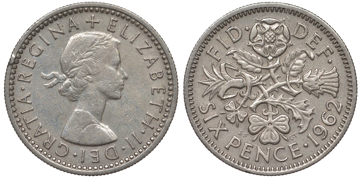 Великобритания 6 пенсов 1962 Елизавета II (1952-2022) KM 903, Spink 4149 медно-никель 4122-624