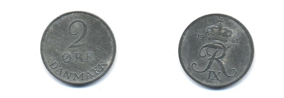 ДАНИЯ 2 ЭРЕ 1963 C; S, ФРЕДЕРИК IX (1947-1972) KM 840.2 цинк 4379-736