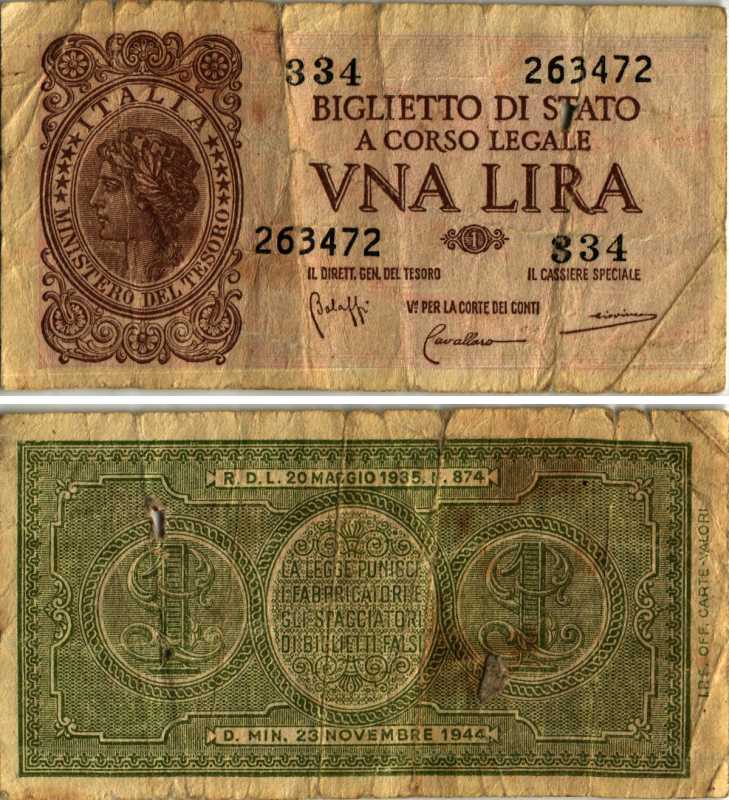 Италия 1 лира 1944 23 ноября 1944, подпись BoLaffi, CavalLaro, Giovinco Pick 29b, Grapanzano BS 8 бумага 2192-49-2