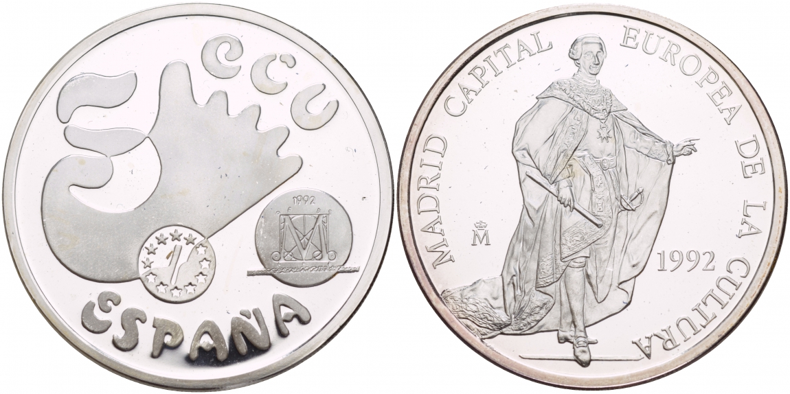 Испания 5 экю 1992 Мадрид, культурная столица Европы, Хуан Карлос I серебро PROOF 1088-10-14