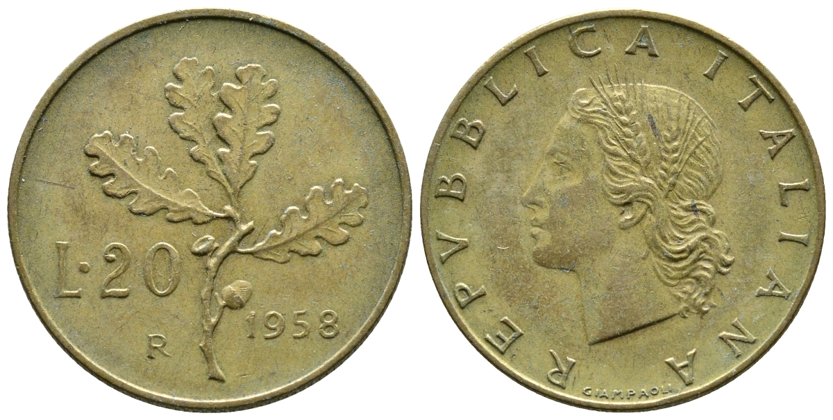 ИТАЛИЯ 20 ЛИР 1958 R ДУБОВАЯ ВЕТВЬ KM 97.1 алюминиевая бронза 4383-1024