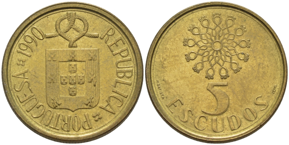 ПОРТУГАЛИЯ 5 ЭСКУДО 1990 KM 632 никель латунь 67-716