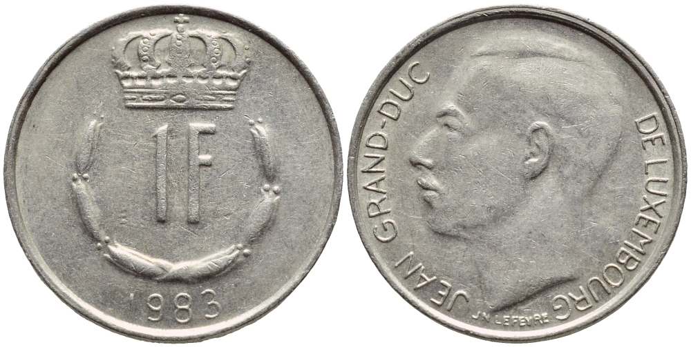 ЛЮКСЕМБУРГ 1 ФРАНК 1983 ВЕЛИКИЙ ГЕРЦОГ ЖАН KM 55 медно-никель 4397-453