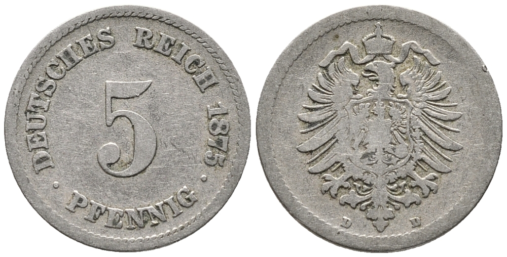 ГЕРМАНИЯ 5 ПФЕННИГОВ 1875 D, СТАРОГЕРБОВКА KM 3, J. 3 медно-никель 39-334